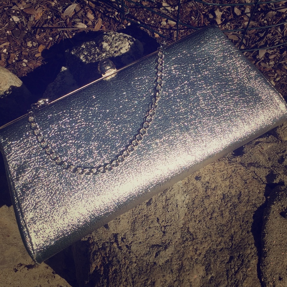 Metallic Silver clutch with chain handle